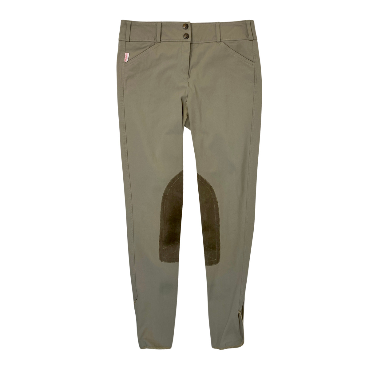 A pair of olive green show breeches on a white background.