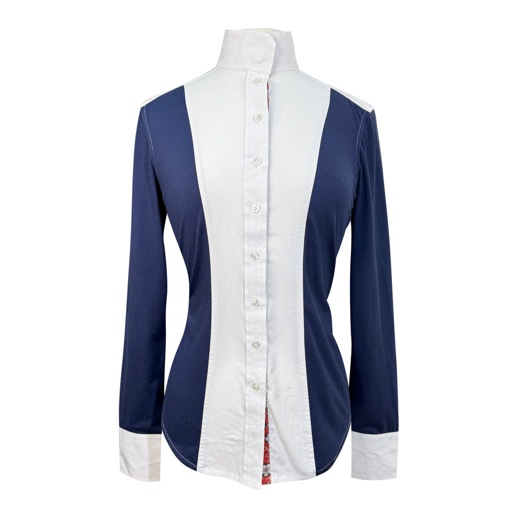 Front of Dover Saddlery Long Sleeve Show Shirt in White/Navy - Women's Medium