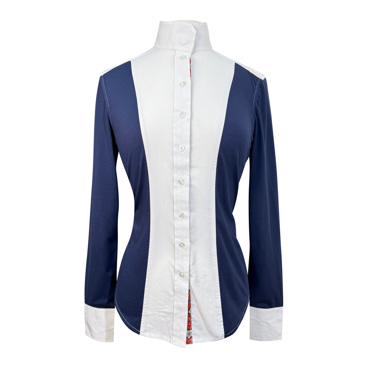 Front of Dover Saddlery Long Sleeve Show Shirt in White/Navy - Women's Medium