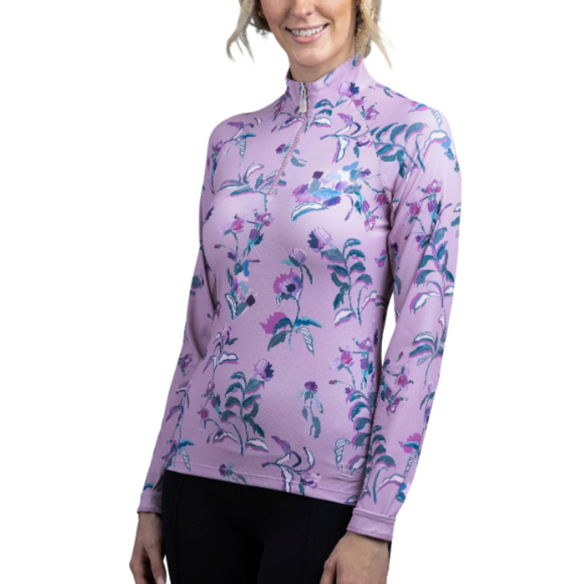 Kastel Cap Sleeve 1/4 Zip Shirt in Lilac Fleur