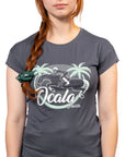 Person wearing a gray t-shirt with 'Ocala' graphic design