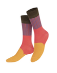 Colorful sock with red, orange, and brown design on a white background