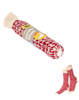 Red salami-shaped socks with a label on a white background