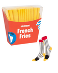 Sock packaging designed to look like a box of French fries with a pair of socks on a white background.