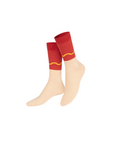 Red socks with yellow accents on a white background