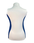 White sleeveless top with blue accents on a mannequin against a white background