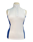 White sleeveless top with blue accents on a mannequin against a white background