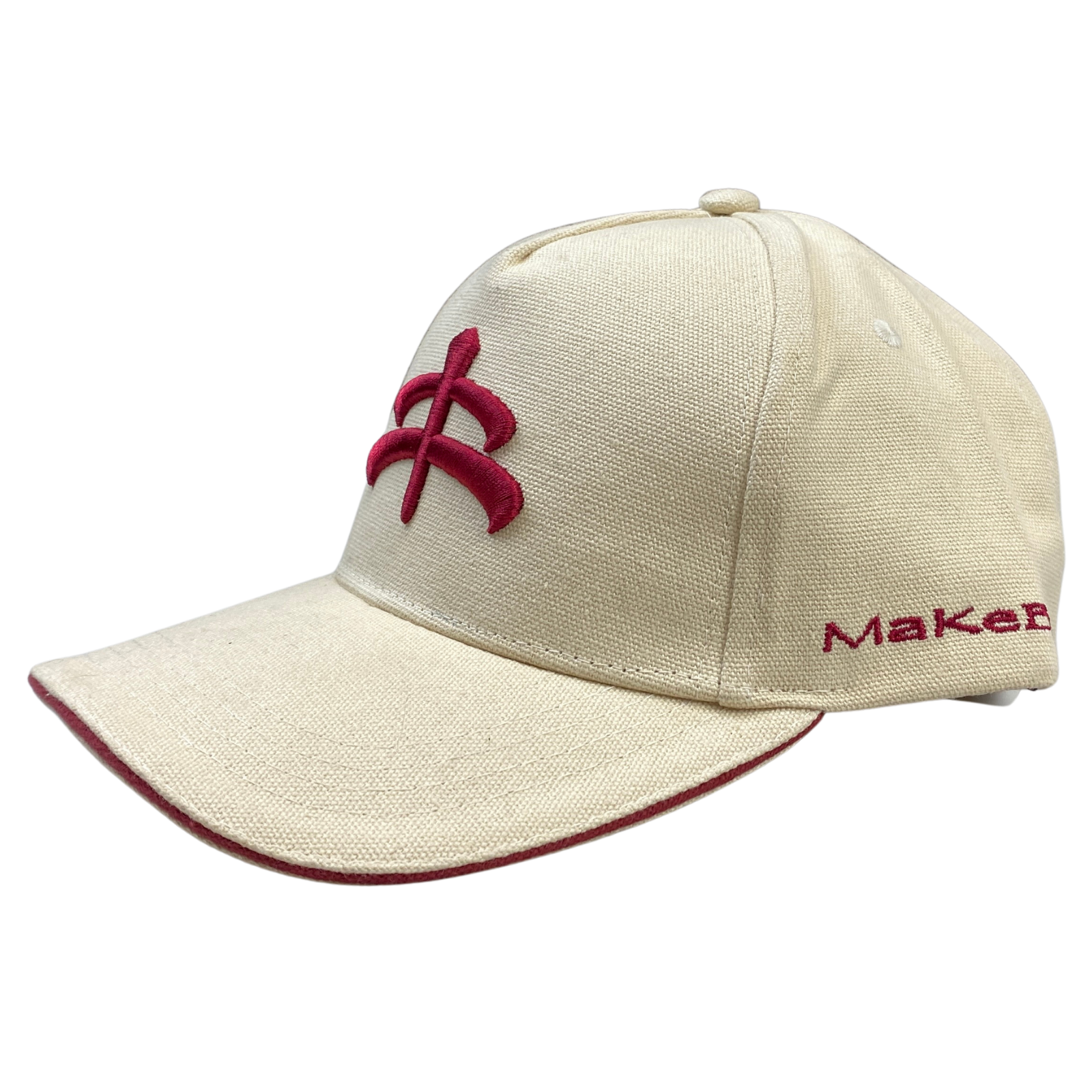 Side of MaKeBe Ball Cap in Tan/Red