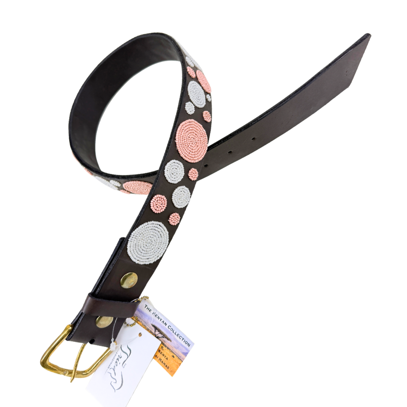 Kenyan Collection Beaded Belt in Brown/Pink &amp;amp; White