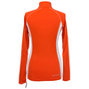 Orange long-sleeve athletic top with white accents on a white background