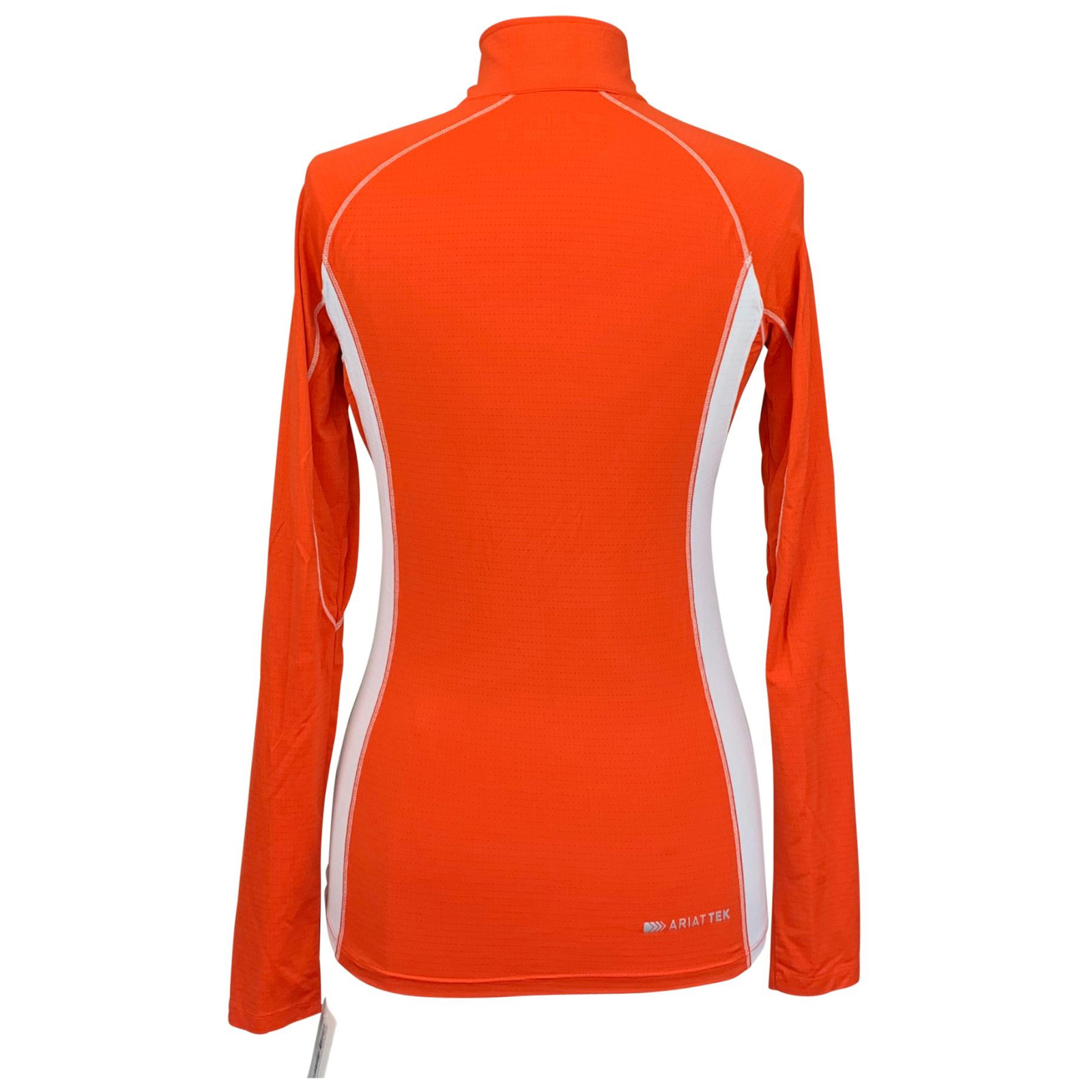 Orange long-sleeve athletic top with white accents on a white background