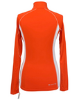 Orange long-sleeve athletic top with white accents on a white background