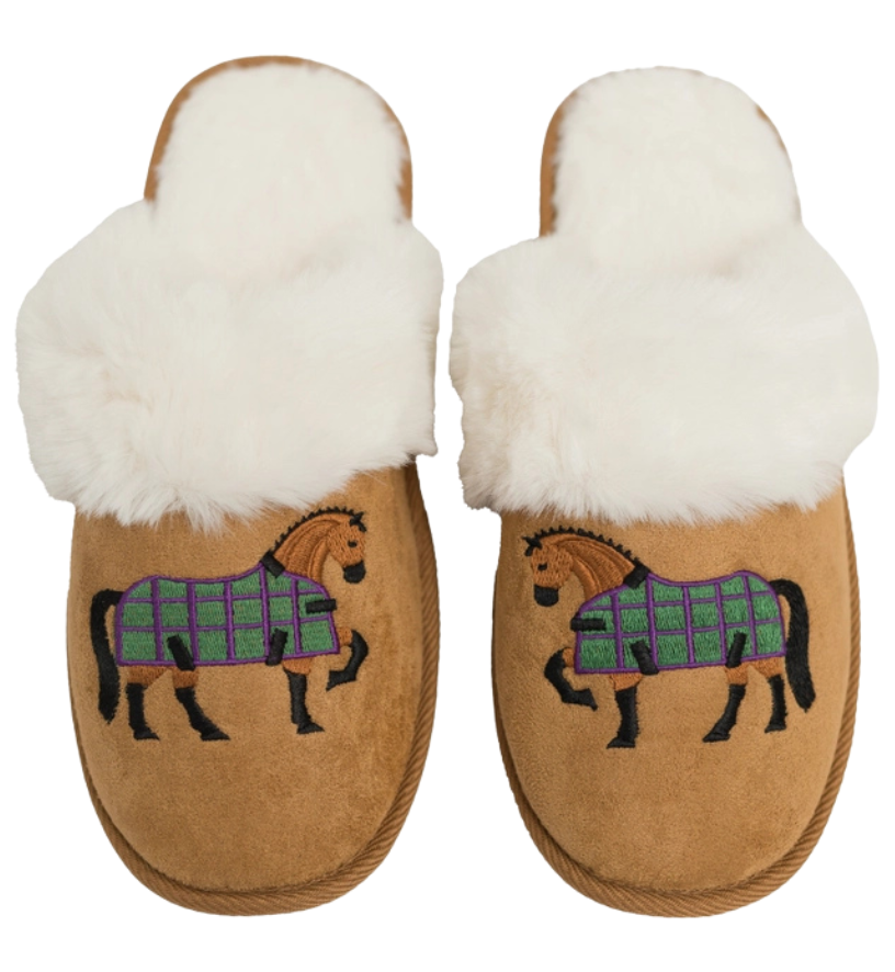 Bay Horse Faux Fur Suede Slippers in Chestnut/Natural