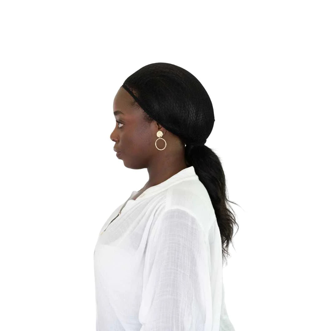 Side view of Ellsworth Ponytail Hairnet in Black - One Size