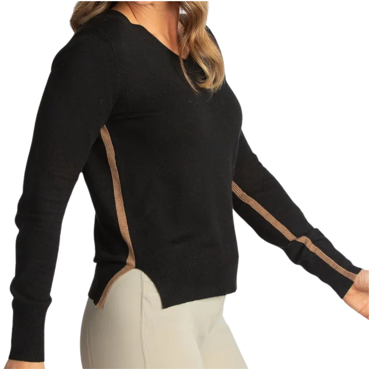 Hannah Childs 'Angelina Stripe' V-Neck Sweater in Black/Oatmeal