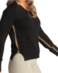 Hannah Childs 'Angelina Stripe' V-Neck Sweater in Black/Oatmeal