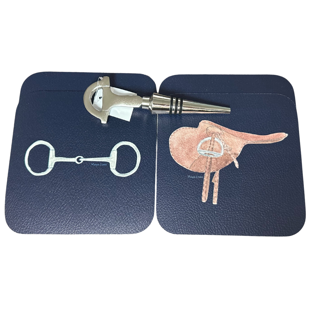 Equestrian Coaster & Bit Wine Stopper Set in Navy Saddle & Bit/Bit Stopper