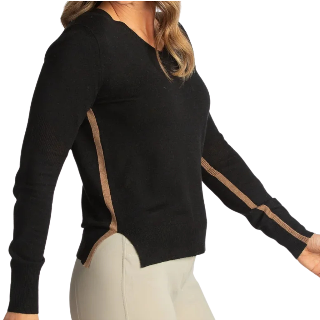 Hannah Childs 'Angelina Stripe' V-Neck Sweater in Black/Oatmeal