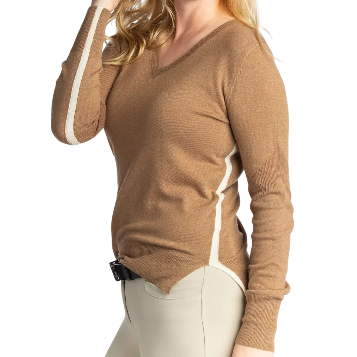 Hannah Childs 'Angelina Stripe' V-Neck Sweater in Oatmeal/Biscotti