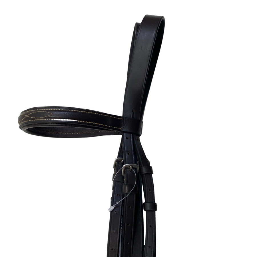 Side of Fancy Stitched Padded Bridle in Brown