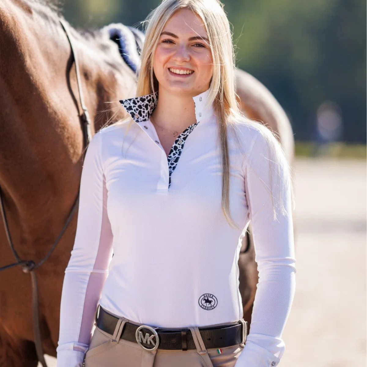 Essex Classics Talent Yarn Long Sleeve Show Shirt in White/Cow Print - Women's Small