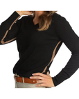 Hannah Childs 'Angelina Stripe' V-Neck Sweater in Black/Oatmeal