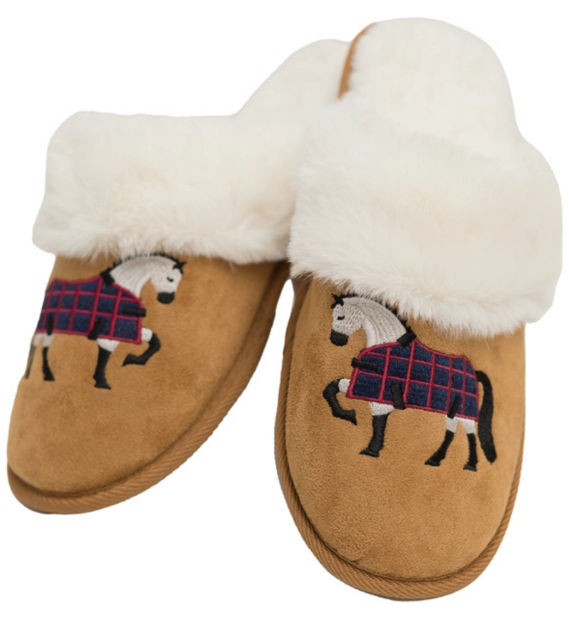 Grey Horse Faux Fur Suede Slippers in Chestnut/Natural 
