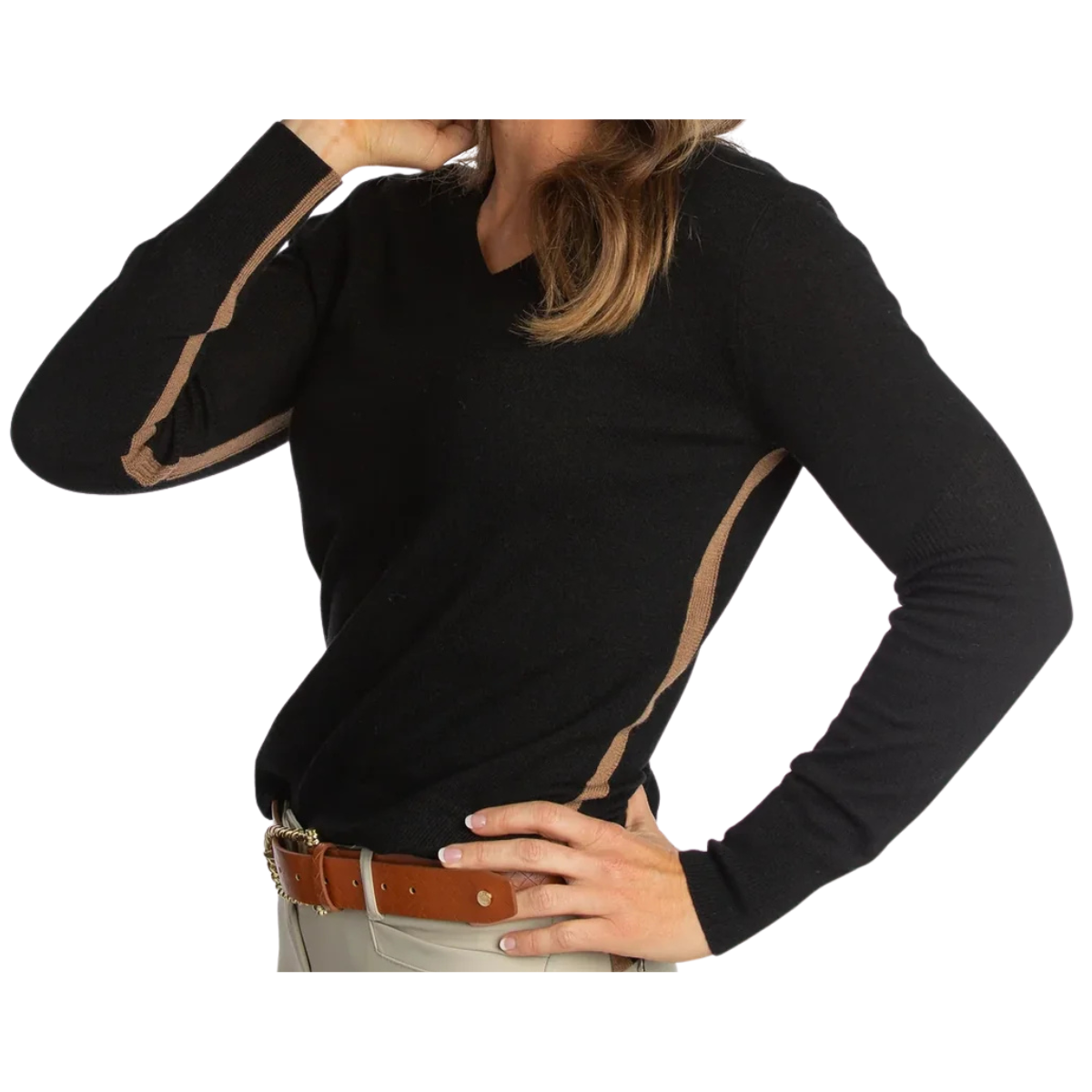 Hannah Childs 'Angelina Stripe' V-Neck Sweater in Black/Oatmeal
