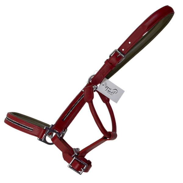 Halter Ego Designer Leather Halter in Red/Khaki 