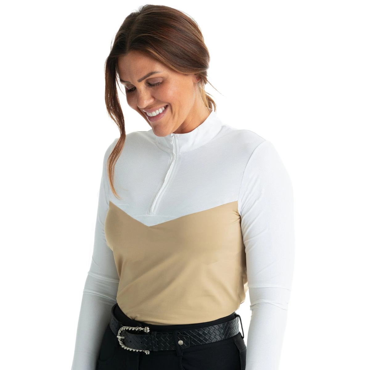 Hannah Childs 'Clarissa' Mesh Long Sleeve Zip Top in Latte