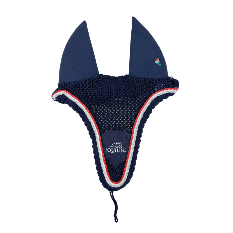 Equiline 'Ruben' Soundproof Tie Down Ear Bonnet in Navy/White/Red