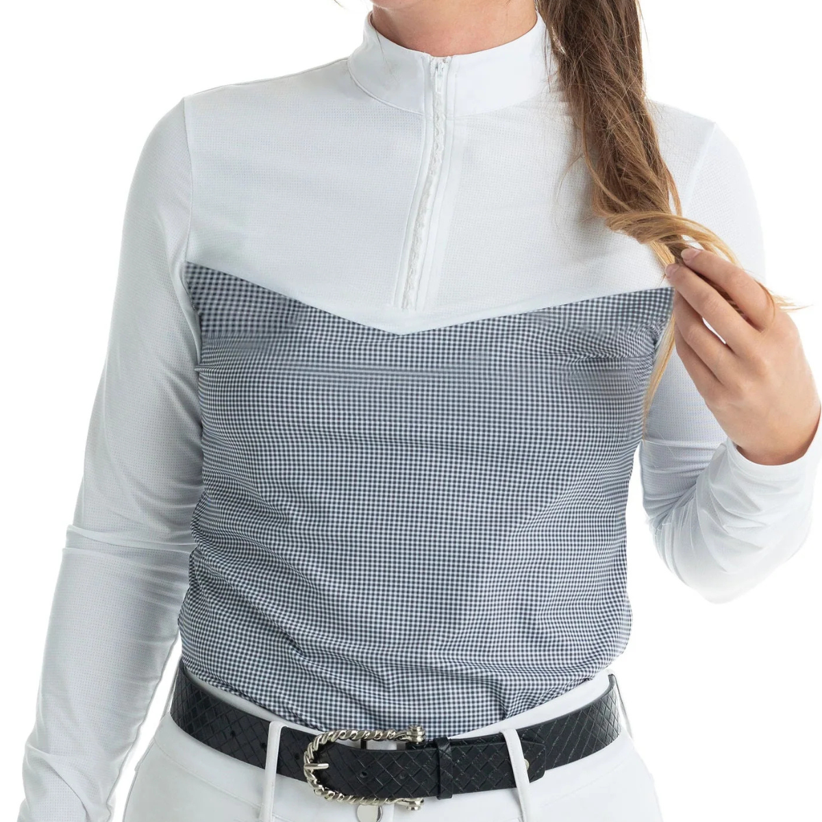 Hannah Childs 'Clarissa' Mesh Long Sleeve Zip Top in Black Gingham 