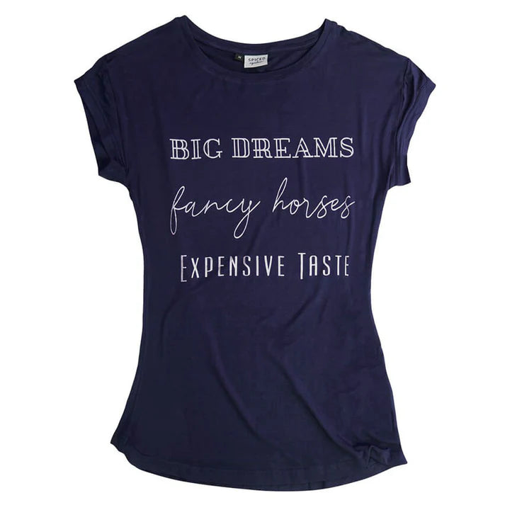 short sleeve t-shirt with silver writing on white background.