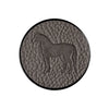 Round metallic object with a horse silhouette on a white background