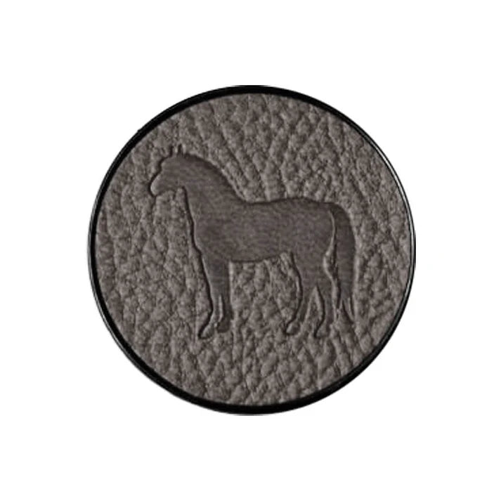 Round metallic object with a horse silhouette on a white background