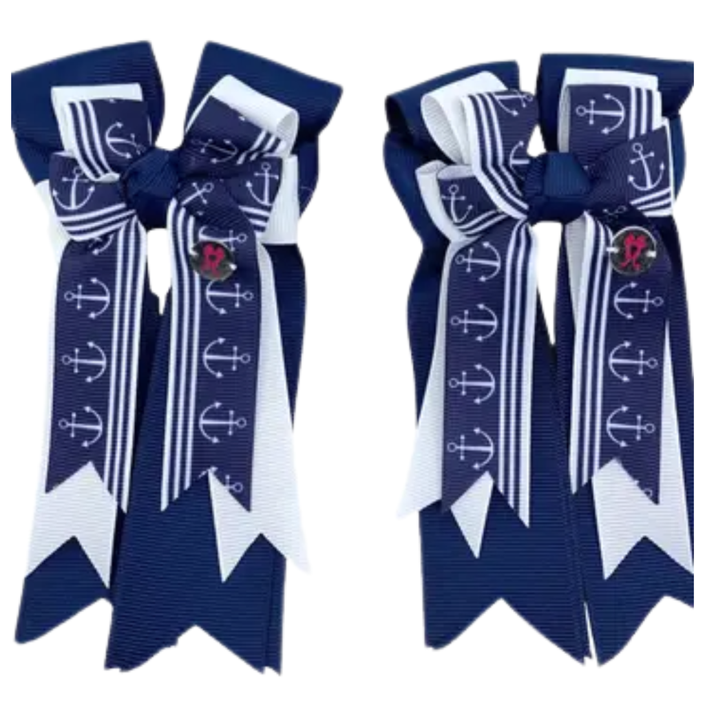 Ponytail Bows in Navy/White Pinstripe Anchors