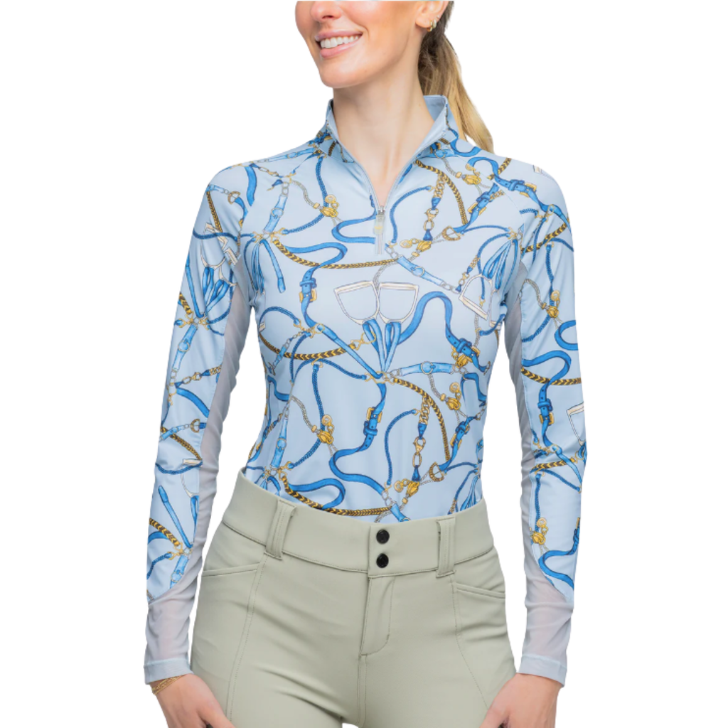 Kastel 1/4 Zip Long Sleeve in Robin's Egg Belt Print - Women's Large