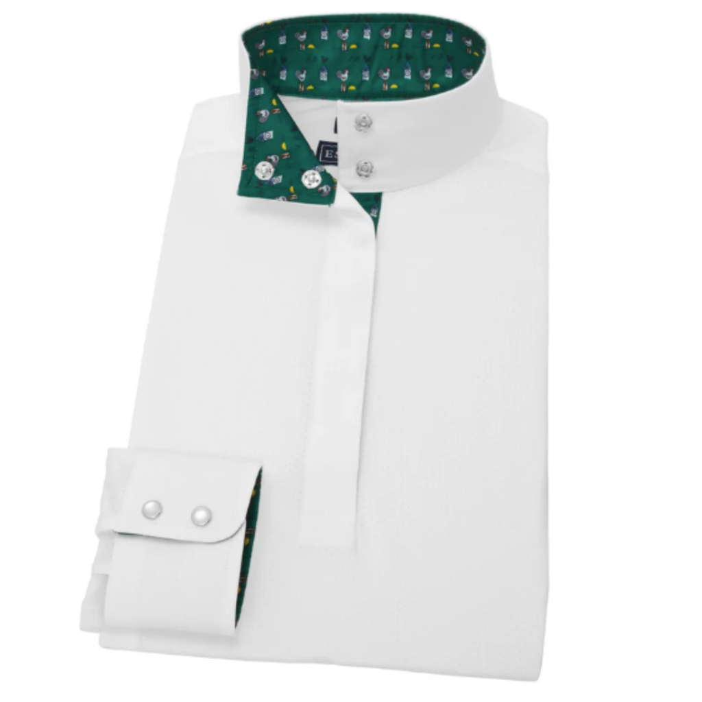 Essex Classics Talent Yarn Long Sleeve Show Shirt in White/Cock-a-Doodle-Do - Women's XS