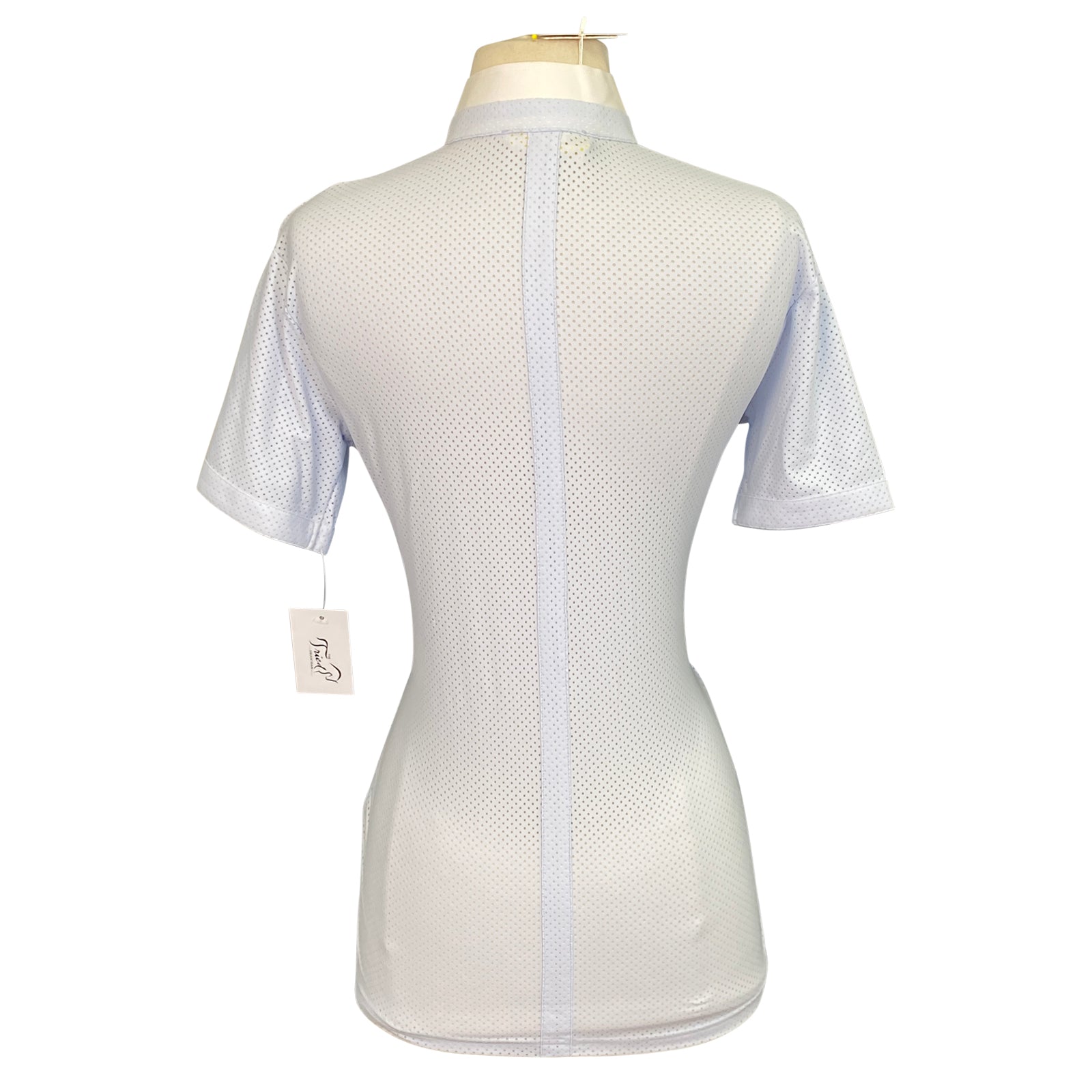Back of Light blue perforated equestrian polo.