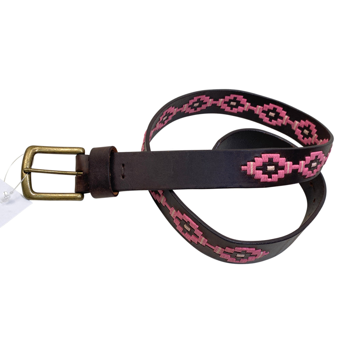 Embroidered Leather Belt in Brown/Pink
