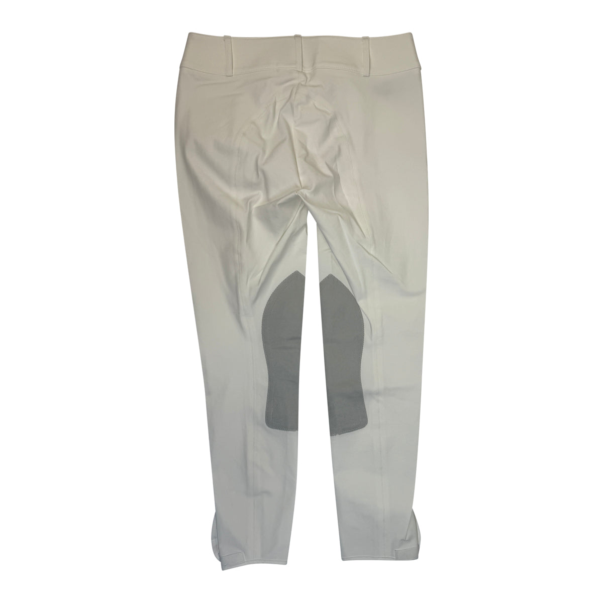 White equestrian pants with gray patches on a white background