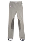 Tan riding pants with knee patches on a white background