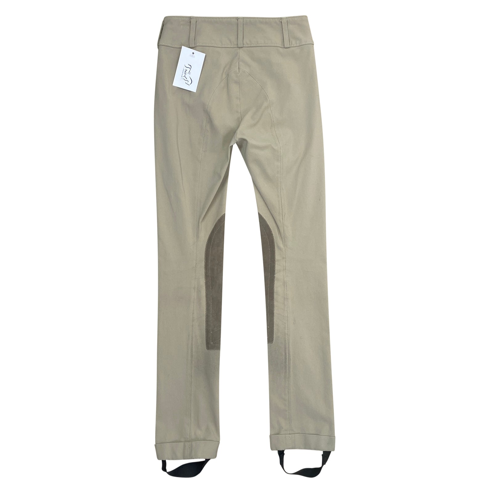 Tan pants with a tag on a white background