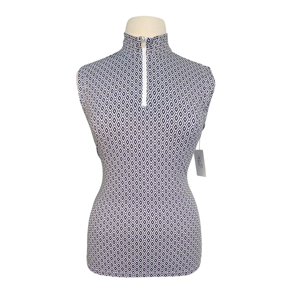 Patterned sleeveless top on a mannequin with a white background