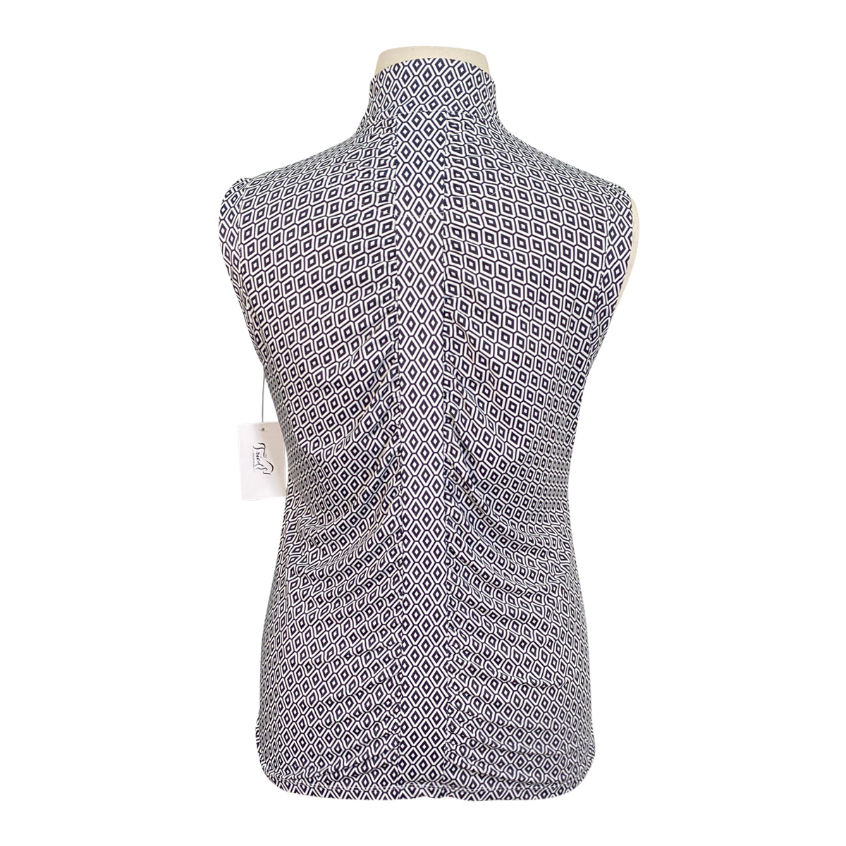 Back view of Patterned sleeveless top on a mannequin with a white background