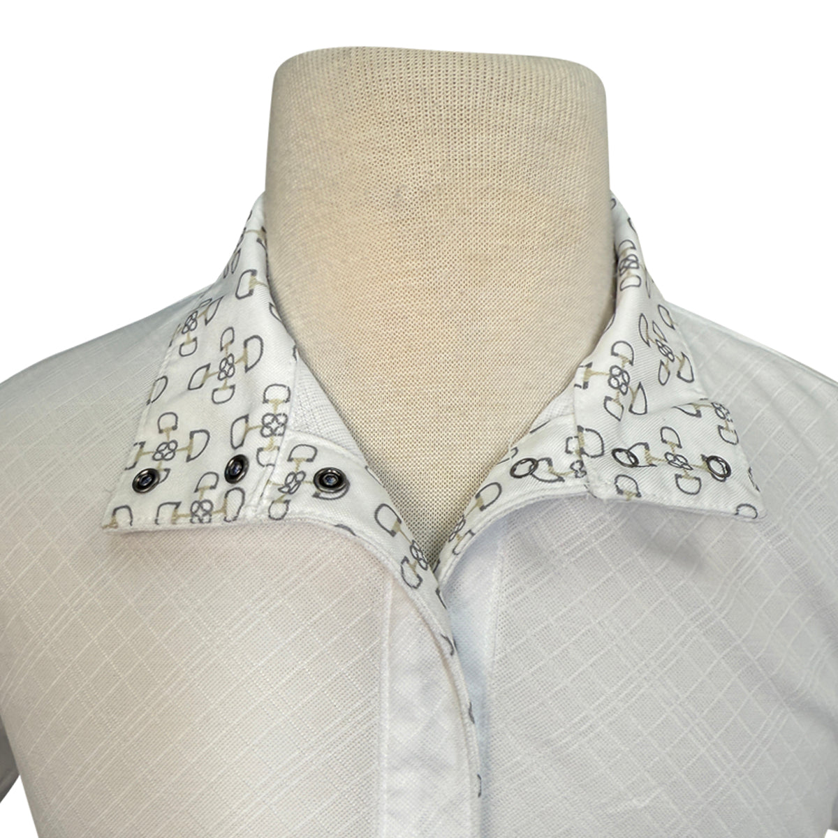 Collar detail of Kerrits Kids 'Encore' Short Sleeve Show Shirt in White/Bit of Luck - Children's Small