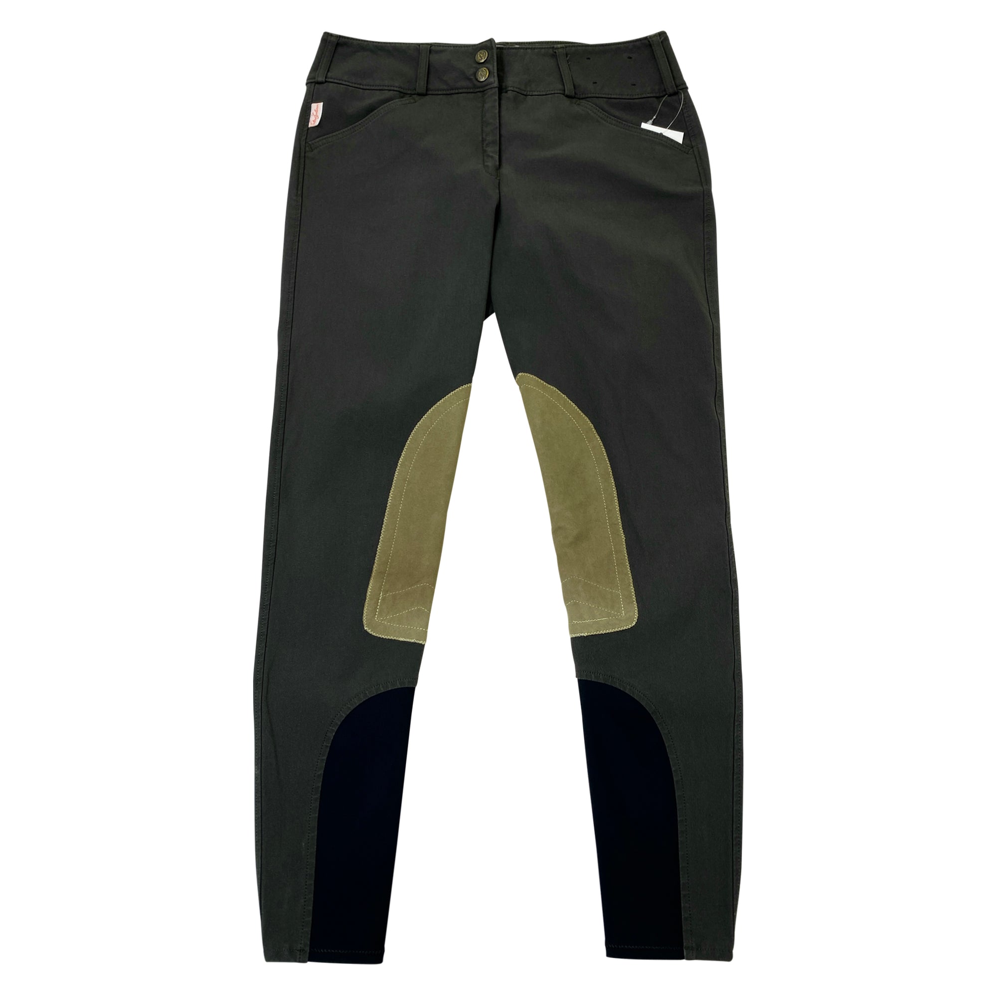 Front of Tailored Sportsman 'Trophy Hunter' Boot Sock Breeches in Black Olive/Tan - Women's 26L