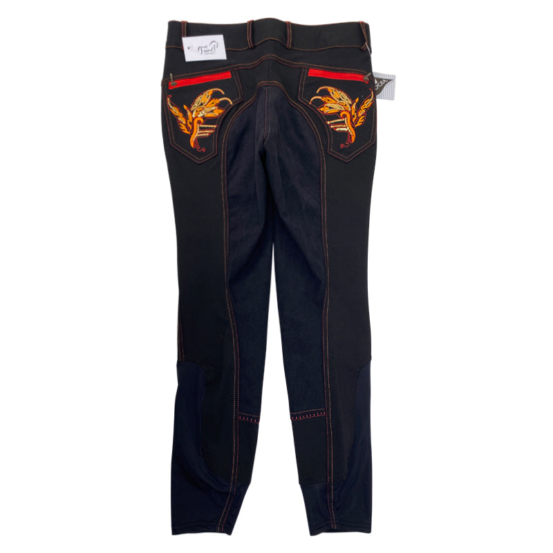 Back of Huntley Equestrian Full Seat Breeches in Black/ Red & Orange
