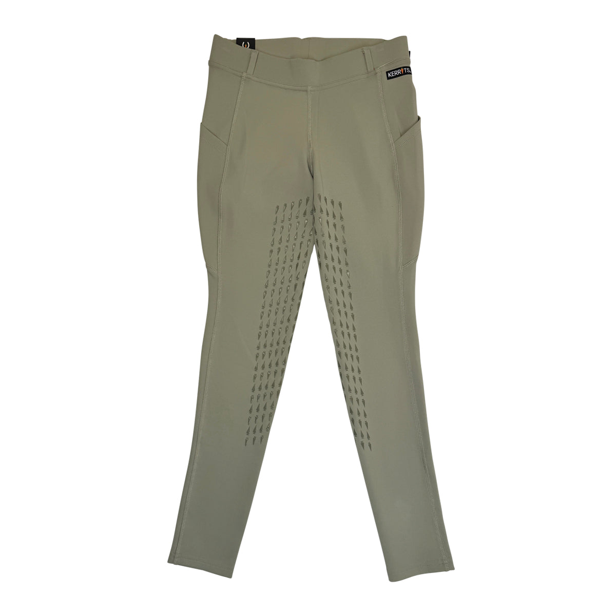 Khaki riding pants with gusset on a white background
