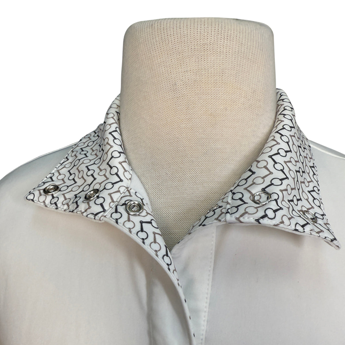 Mannequin wearing a white shirt with a bit patterned collar on a white background